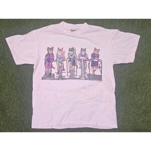 VTG 90s Oneita Power-T Aerobic Gym Cats T-Shirt L Front Back Print Single Stitch